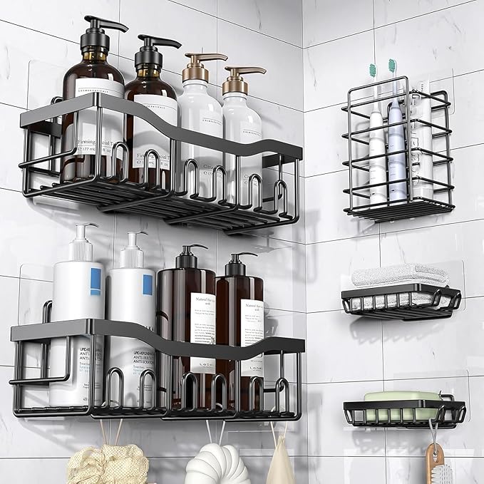 14 Pack Shower Caddy Adhesive Replacement, Strong Adhesive Hooks, Waterproof Shower Adhesive Strips, No Drilling, for Bathroom Storage Shelves and Kitchen Racks