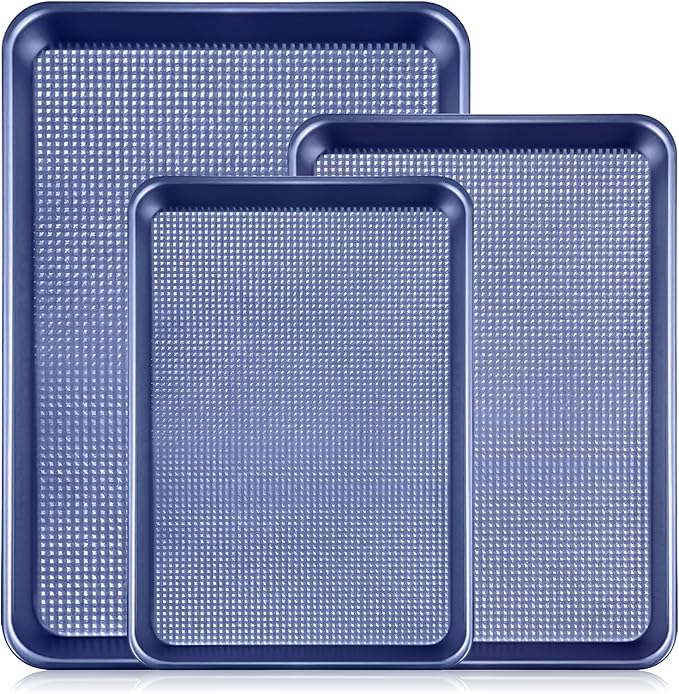 Vinino Baking Sheet Set of 3, Cookie Sheets For Baking with Square Texture Pattern, Thicker Carbon Steel Non-stick Baking Pan Half/Quarter/Jelly Roll Pans Tray for Oven-Grey