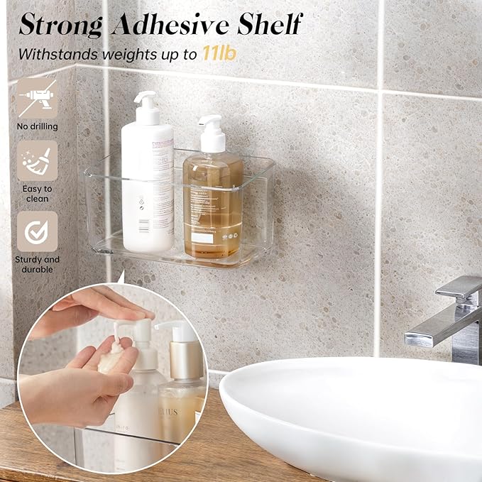 2 Pack Clear Shower Shelf, Adhesive Bathroom Shower Shelves, Wall Mounted Bathroom Shower Organizer, No Drill Shower Shelves with Self Adhesive Tape, Transparent