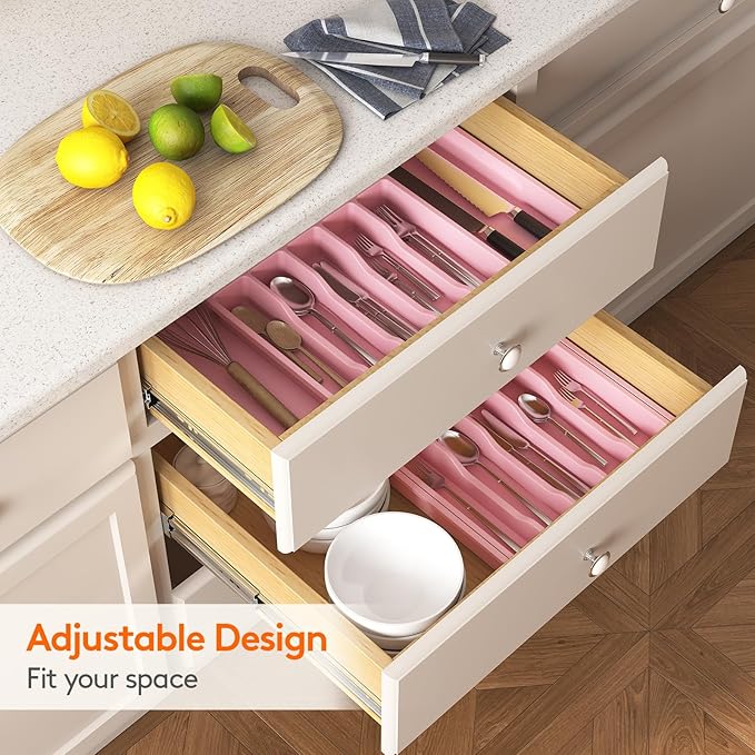 Lifewit Silverware Drawer Organizer, Expandable Utensil Tray for Kitchen, BPA Free Flatware and Cutlery Holder, Adjustable Plastic Storage for Spoons Forks Knives, 13-22 x 15", Pink