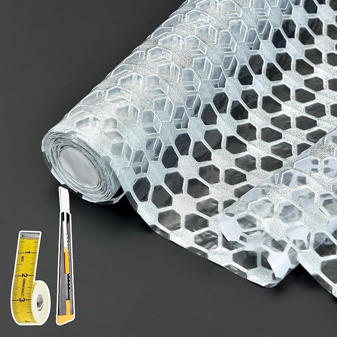 Drawer and Shelf Liner for Kitchen Cabinet: 17 in X 20 Ft Non Slip Waterproof Shelf Paper Non Adhesive Refrigerator Liners Silver Square Easy Liners for Bathroom with Knife Tape Measure