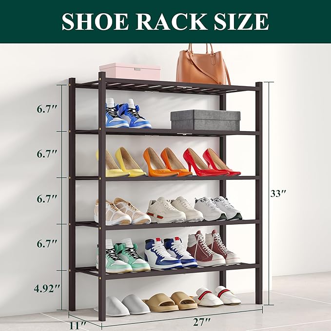 Smiry Shoe Rack, 5 Tier Bamboo Shoe Organizer, Stackable Free Standing Wooden Shoe Storage Shelf for Closet, Entryway, Front Door Entrance, Brown