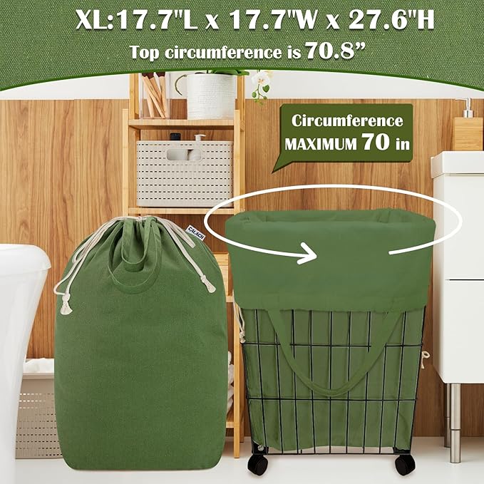 Canvas Laundry Bags with Handles & Square Base 18"Lx18"Wx27.6"H, Extra Large Heavy Duty Laundry Basket Hamper Liner, Washable Drawstring Dirty Clothes Bag Canvas Storage Sack (Army Green XL)