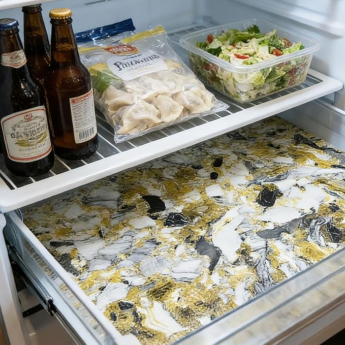 Drawer and Shelf Liner - Yellow Black Marble Pattern,Non Adhesive Non Slip Waterproof Easy-Clean Liner for Kitchen Cabinet, Refrigerator, Bathroom, Pantry Storage Drawers, 17 in x 30 Ft