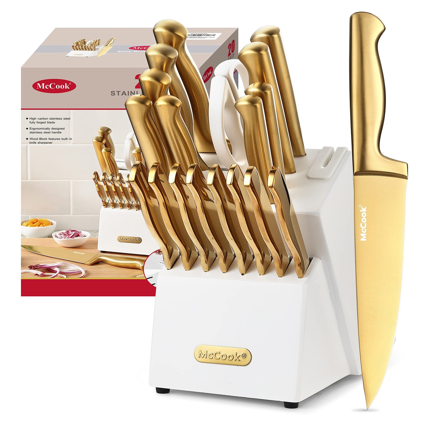 McCook® Kitchen Knife Sets, Golden Titanium Stainless Steel Knives Block Set with Built-in Sharpener, 20 Piece Knives, Restaurant Grade Sharp, Elegant Gold & Stylish Wooden Block for Modern Culinary