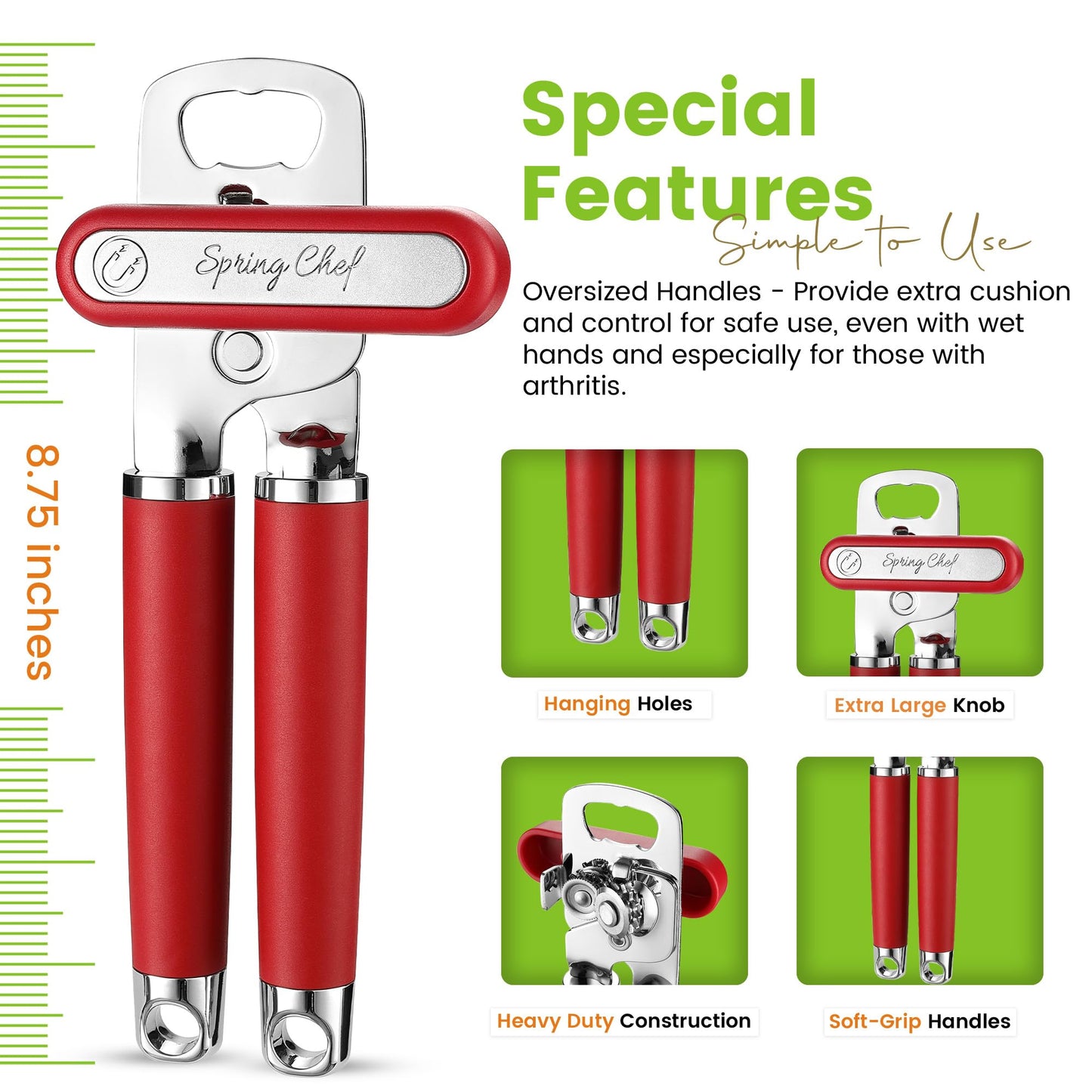 Spring Chef Stainless Steel Manual Can Opener w/Soft Grip Handle, Aqua Sky