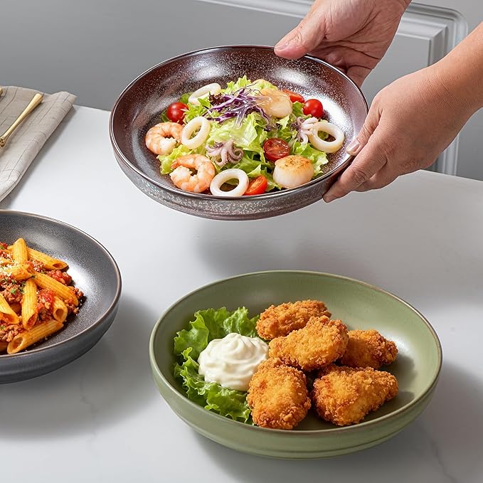 HAPPY KIT Stoneware 9'' 42oz Pasta Bowls Set 4, Frosted Granite White Glaze