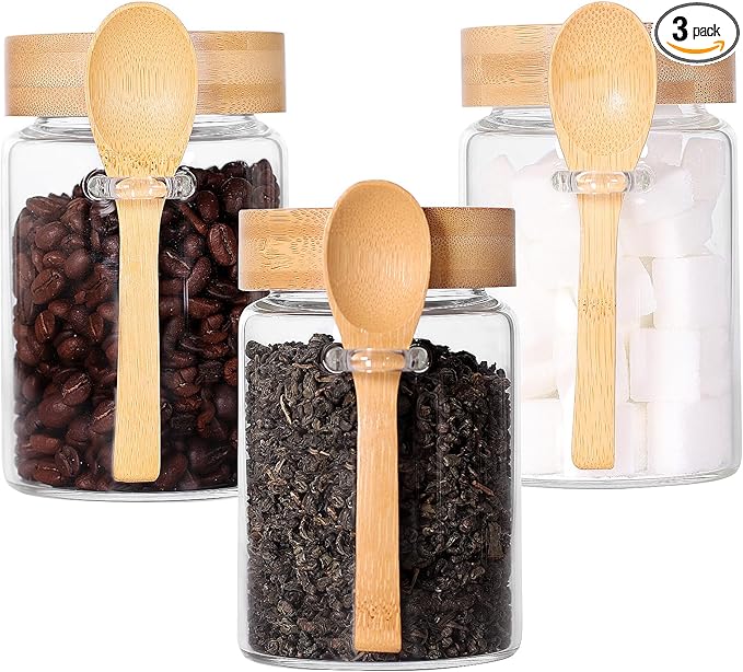 Glass Jar with Bamboo Lid and Spoon, 3 Pack 16 OZ Tea Containers for Loose Leaf Tea, Salt and Sugar Containers for Countertop, Yogurt Jars for Overnight Oatmeal