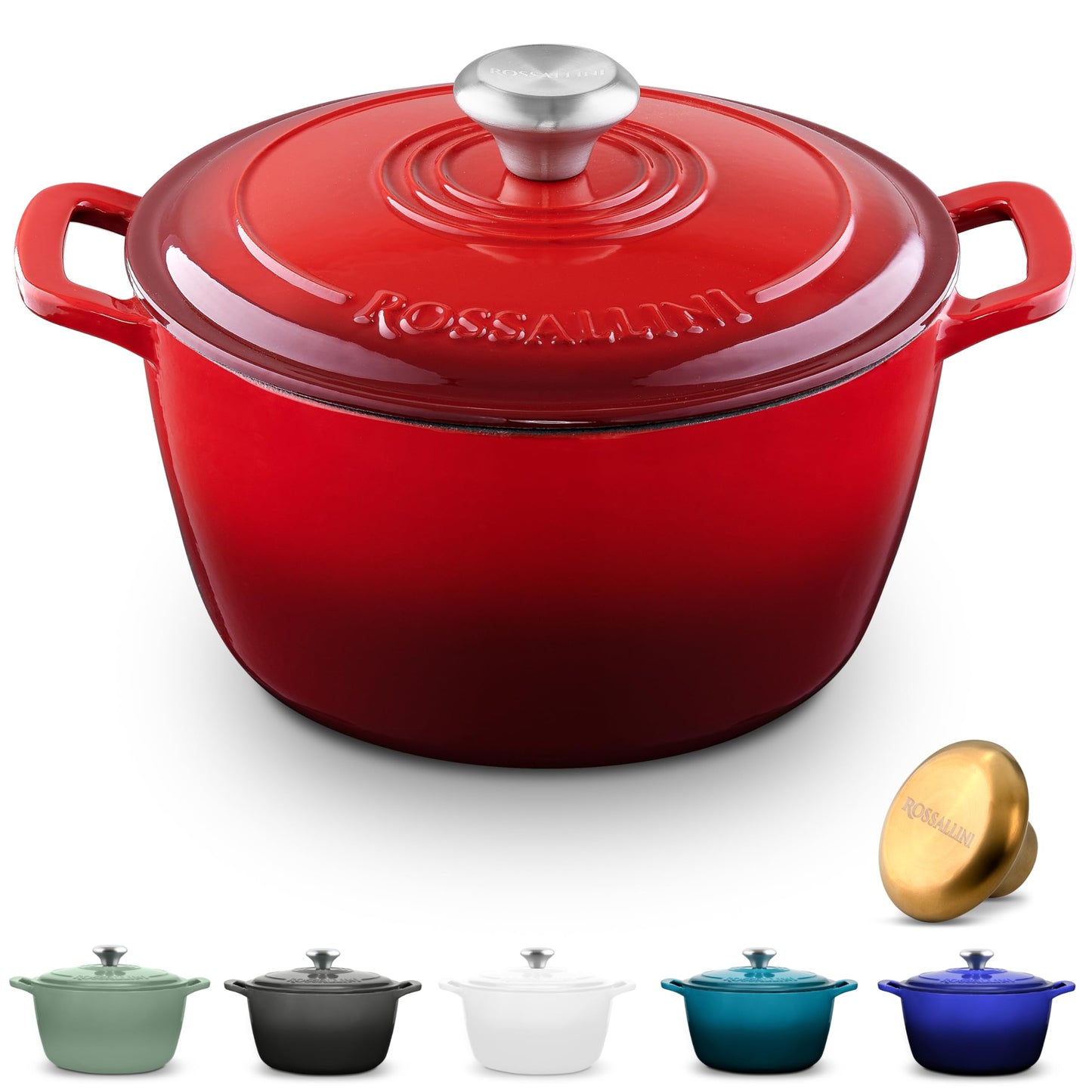 ROSSALLINI Signature Enameled Cast Iron Dutch Oven, Non-Stick Serving Pot with Tight Fitting Lid for Perfect Roasting, Baking, Sauteing, and Bread Making | 7.4Q (7L) - Indigo Blue