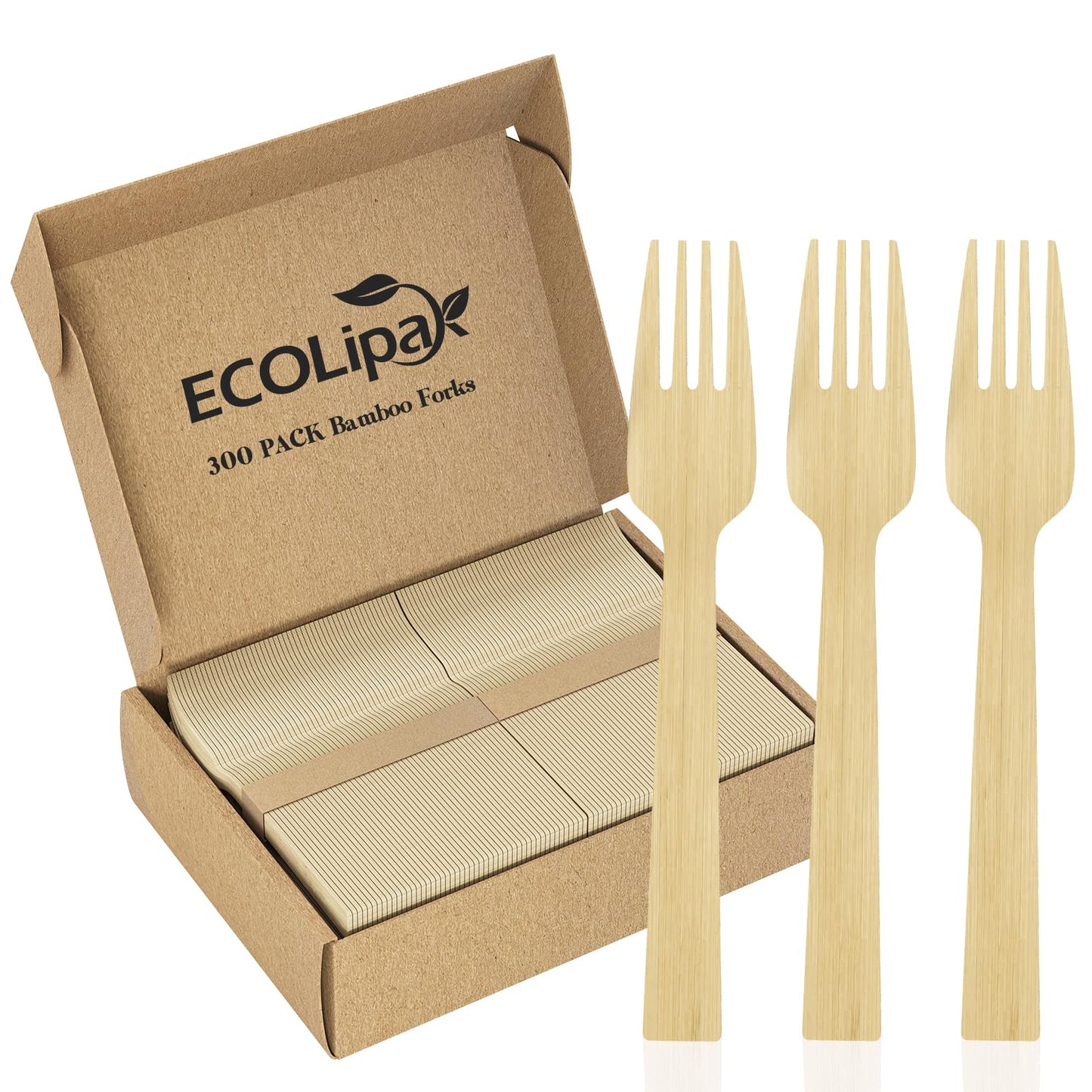 ECOLipak 300 Count Bamboo Cutlery Set, 100 Knives, Forks and Spoons each