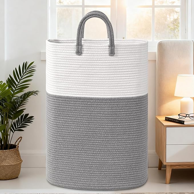 Woven Laundry Basket for Clothes, 65L Large Rectangle Laundry Hampers with Beads Tassel, Nursery Storage Basket for Toys, Tall Dirty Clothes Hamper for Bedroom Aesthetic, Laundry Room Organization