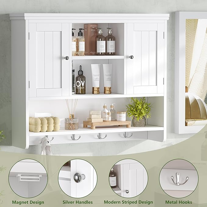 31.5" W Large Bathroom Wall Storage Cabinet with 2 Doors and 4 Hooks, Modern Medicine Cabinet with 3 Open Shelves, Wooden Wall Mounted Bathroom Cabinet for Kitchen, Living Room, White