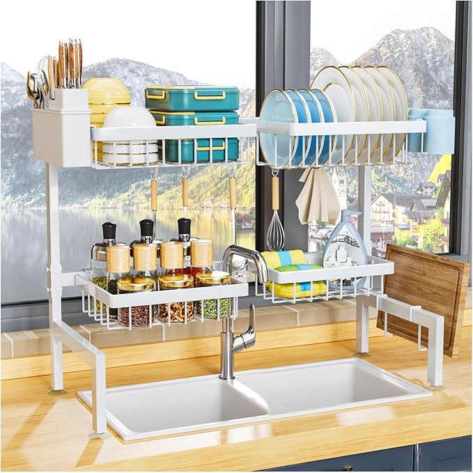 YKLSLH Over Sink Dish Drying Rack, Expandable Large Drying Rack, Suitable for Most Sinks (24.8"-35.4"), Adjustable Metal Rack, Space Saving, White