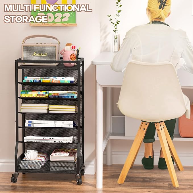 7 Tier Rolling File Cart with Sliding Trays, Wood Metal File Organizer Beside Desk, Free-Standing File Holder, Paper Letter Tray Organizer Mesh Desk Organizer for Home Office School (Patent)