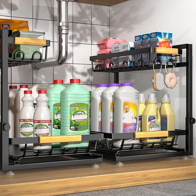 2 Packs Under Sink Organizer, Height Adjustable 2 Tier Under Kitchen Sink Organizer, Multi-Purpose Storage Shelf for Kitchen Bathroom Cabinet (Black, Large)