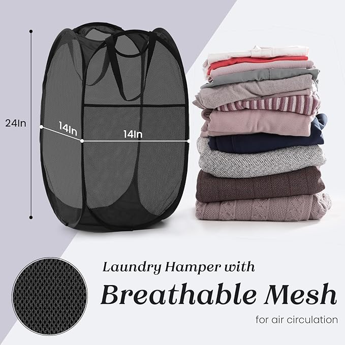 TECHMILLY Collapsible Mesh Pop Up Laundry Hamper with Sturdy Handles and Side Pocket - Portable Foldable Clothes Baskets for Dorm, Bathroom & Travel Storage (Black, 2 Packs)