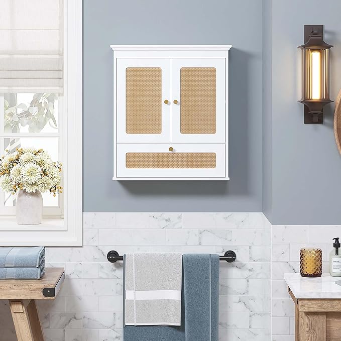 Spirich Bathroom Wall Cabinet Over Toilet, Boho Rattan Medicine Cabinet with Adjustable Shelf, Space-Saving Wall Mount Storage