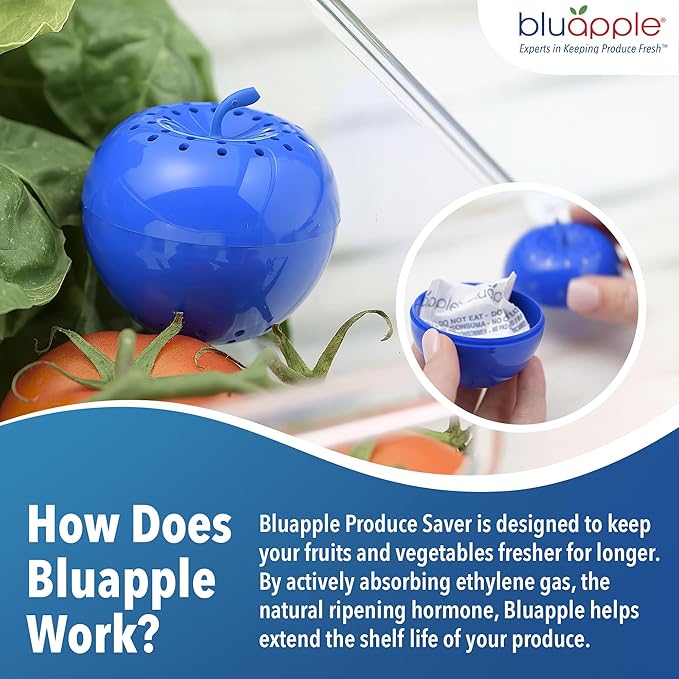 Bluapple Produce Saver Ethylene Gas Absorber - Fresh Fruit & Vegetable Storage for Refrigerator, Kitchen Must Haves, Produce Keeper, Fruit Saver, Each Packet Lasts 3 Months, BPA Free - 15-Month Bundle