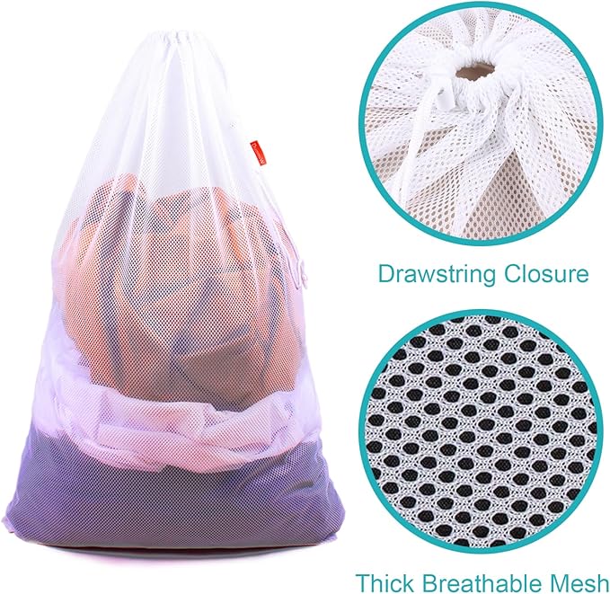 3 Pack Mesh Laundry Bags, 24 x 36 Inches Heavy Duty Drawstring Bag, Factories, College, Dorm, Travel and Apartment Dwellers, (2 White & 1 Black)