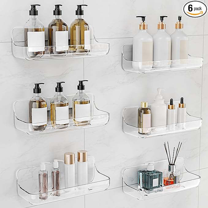 Adhesive Shower Caddy, 6 Pack Acrylic Bathroom Shelves, No Drill Wall Mount Organizer Storage Shelf
