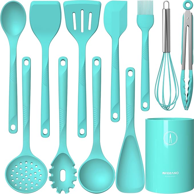 Silicone Cooking Utensils Set - 600°F Heat Resistant, Nonstick Kitchen Utensil Set with Spatulas, Spoons, Whisk, Tongs, BPA Free, Dishwasher Safe (Gray)