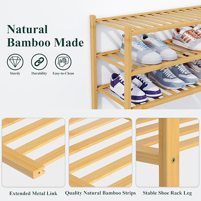 Smiry Shoe Rack, 3 Tier Thick Bamboo Shoe Organizer, Stackable Free Standing Wooden Shoe Storage Shelf for Closet, Entryway, Front Door Entrance, Natural