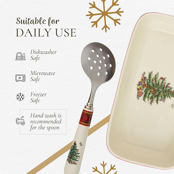 Spode Christmas Tree Tartan Rectangle Server with Slotted Spoon - Set of 2