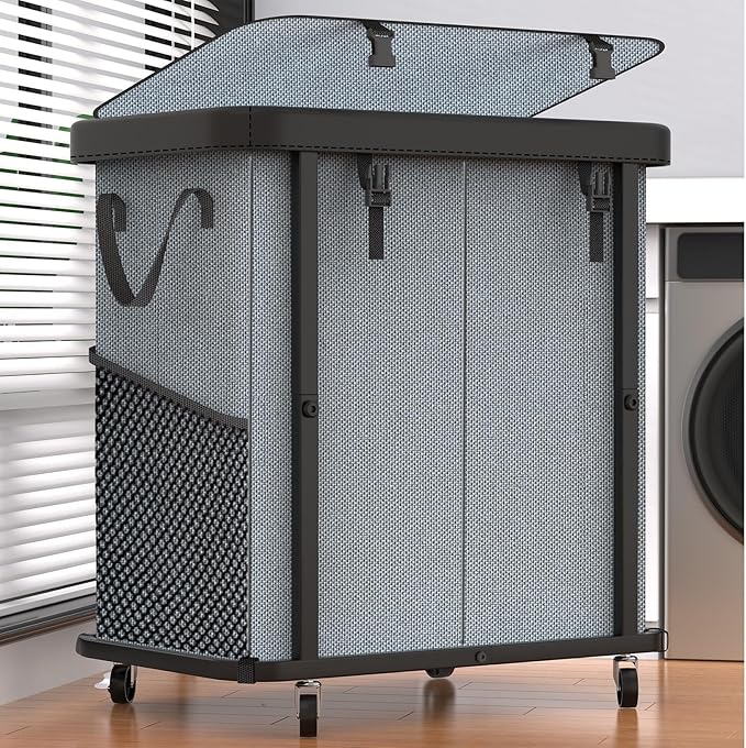 190L (50 Gal) Large Fashion Laundry Basket with Wheels, Leather Patchwork Rolling Hamper Carts, Sturdy Metal Frame, Removable Washable Bag, Tall Clothes Sorter for Bedroom - 2 Setion Gray