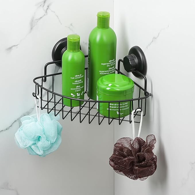 Corner Shower Caddy with Suction Cup Shower Shelf with Hooks, Stainless Steel Bathroom Caddy, Wall Mounted Shower Basket for Bathroom, Adhesive 3M Stick Discs Included (Black)