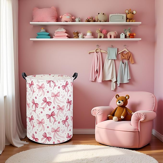 HIYAGON Butterfly Baby Laundry Basket Baby Hamper for Nursery Girl Kids Butterfly Hamper Cute Kids Toys Storage Bin Organizer Butterfly Room Decor for Home(Pink Bowknot)