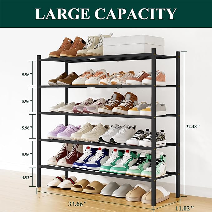 Smiry Shoe Rack, 5 Tier Long Bamboo Shoe Organizer, Stackable Free Standing Wooden Shoe Storage Shelf for Closet, Entryway, Front Door Entrance, Black