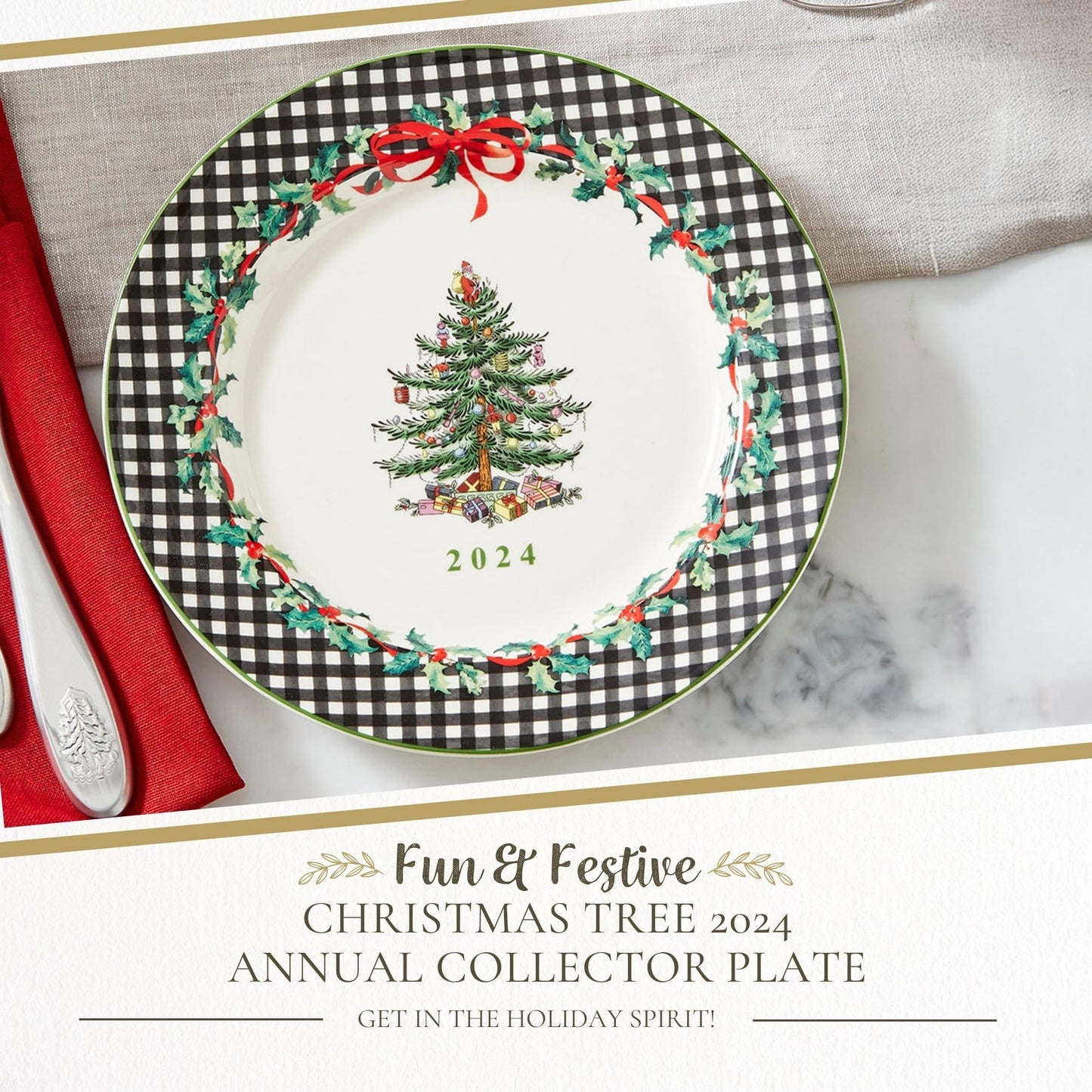 Spode Christmas Tree Collector Plate - Exclusive Border with Red Ribbon & Black Check, Seasonal Display or Holiday Tableware Use, 8" Porcelain Plate - Microwave & Dishwasher Safe, Great Holiday Gift