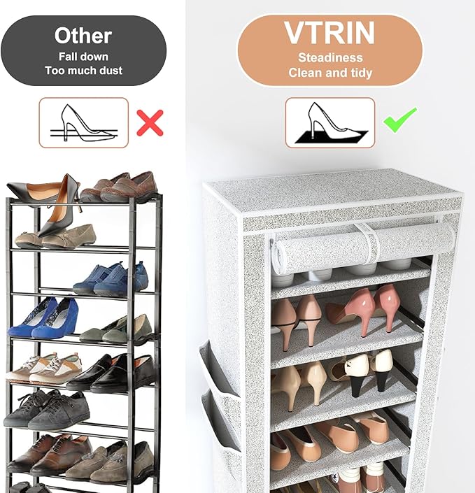 VTRIN Vertical Narrow Shoe Rack Organizer Tall Shoe Rack for Closet Entryway 10 Tier Non-Woven Cover Shoe Shelf Holds 20-22 Pairs Free Standing Shoe Storage Cabinet with Dustproof Cover, Multi Color