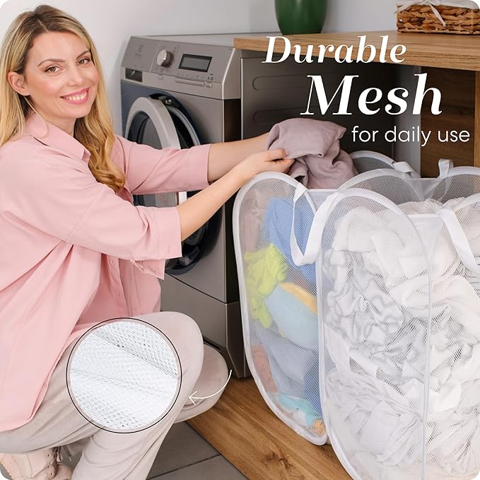 Handy Laundry Mesh Popup Hamper - Two Compartments, Collapsible for Storage and Easy to Open. Folding Pop-Up Clothes are Great for The Kids Room, College Dorm or Travel. (White)