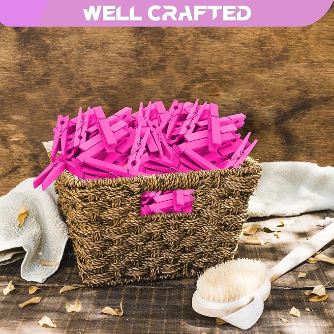 100 Pack Wooden Clothespins for Crafts, Colored Clothes Pins for Hanging Pictures Clothing Classroom, 2.9 Inch Hot Pink