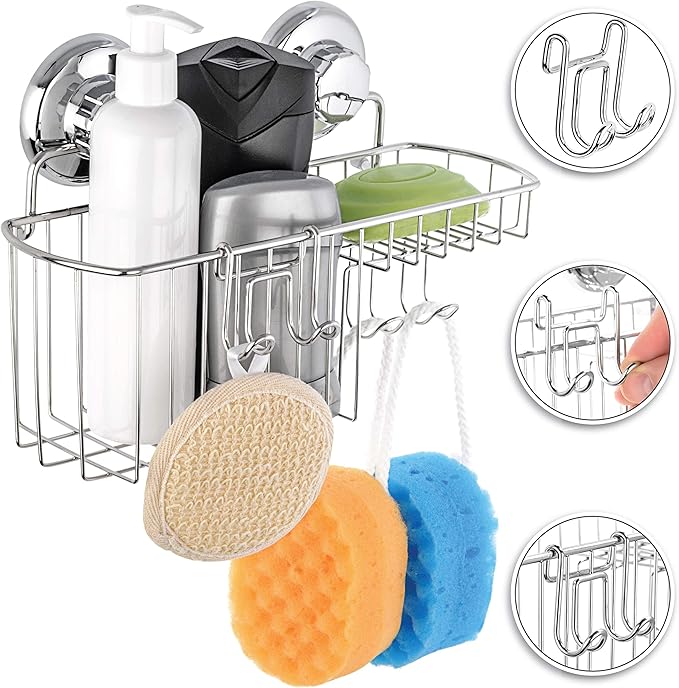 HASKO Suction Cup Shower Caddy Basket for Shampoo, Shower Suction Shelf Organizer, Basket with Soap Holder and Hooks, Stainless Steel Shampoo Holder for Bathroom Storage, Chrome