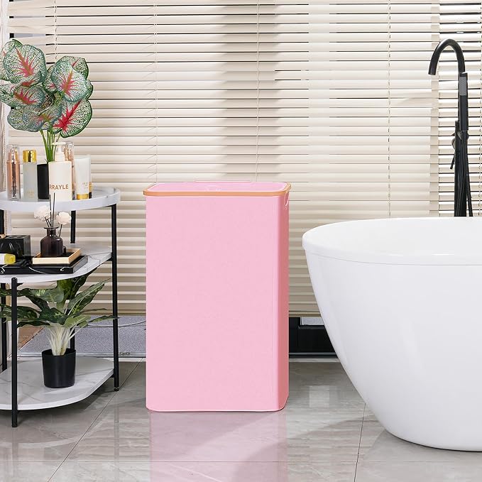 Slim Laundry Basket with Lid, Narrow Dirty Clothes Hampers for Laundry with Handle, Skinny Laundry Bin for Laundry Room, Dorm, Bedroom and Bathroom, 19.8 Gallon (75L) Pink