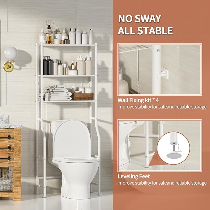 3-Tier Over The Toilet Storage, Freestanding Metal Bathroom Shelves, Space Saver Above The Over Toilet Storage Shelf for Bathroom (White)