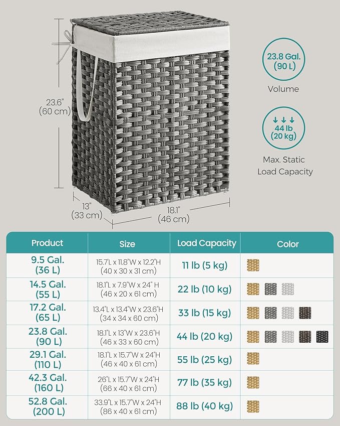 SONGMICS Laundry Hamper with Lid, 23.8 Gallon (90 L) Synthetic Rattan Clothes Laundry Basket with Lid and Handles, Foldable, Removable Liner, Dove Gray ULCB51WG