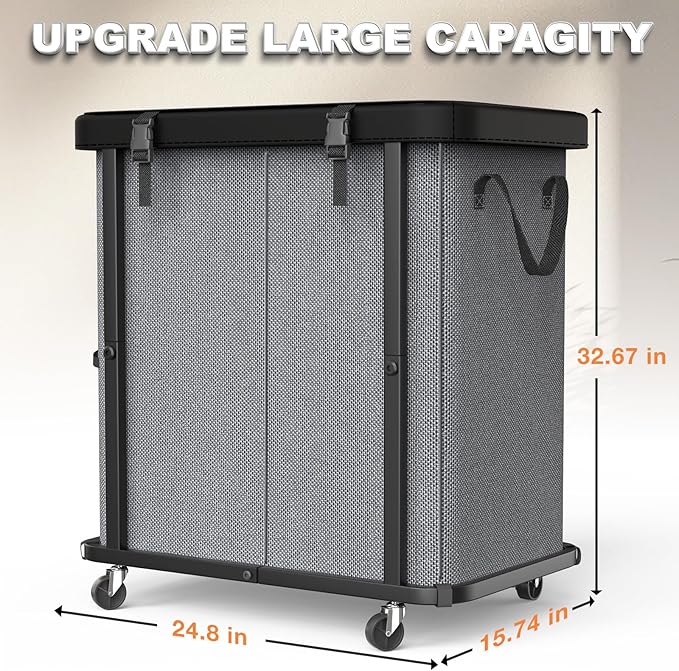 190L (50 Gal) Large Fashion Laundry Basket with Wheels, Leather Patchwork Rolling Hamper Carts, Sturdy Metal Frame, Removable Washable Bag, Tall Clothes Sorter for Bedroom - 2 Setion Gray