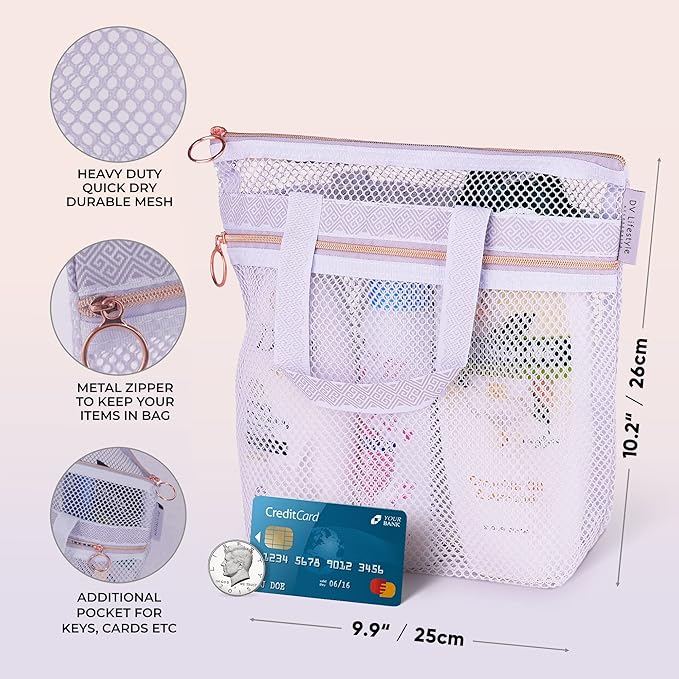 Mesh Shower Bag 10.2x9.9'' Quick-Dry Caddy with Zipper & 2 Pockets. Portable Toiletry Tote for Bathroom, Gym, Travel, Camp, Beach, for Sunscreen, Dorm & College Essentials (Light Gray)
