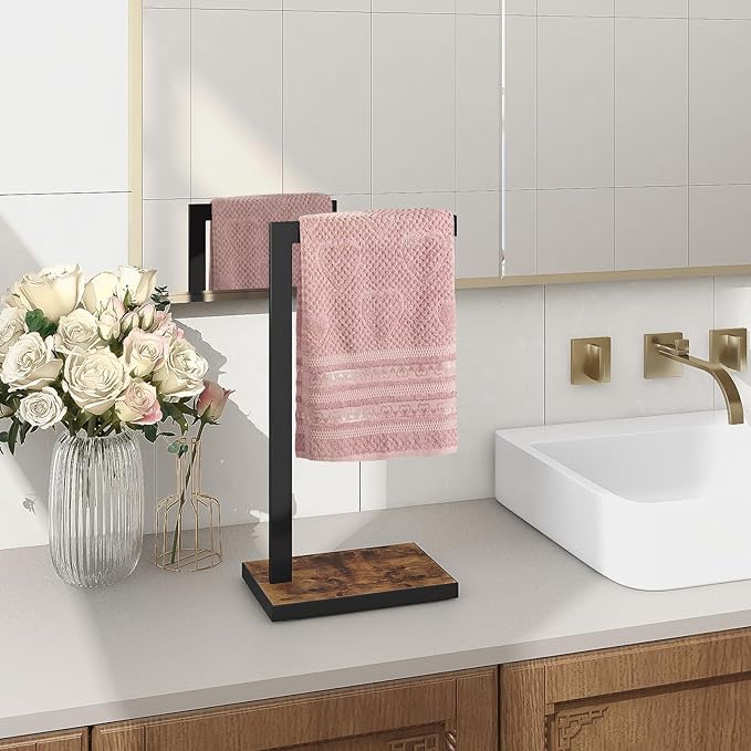 Hand Towel Holder for Bathroom, Hand Towel Stand with Wood Base, L-Shape Hand Towel Rack Height 13.85'' for Vanity Countertop, Kitchen Counter, (Rustic Brown-Square Base-L Shape)