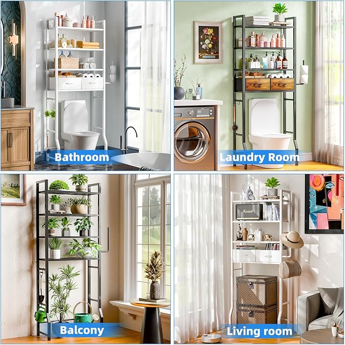 Simple Trending 4 Tier Over The Toilet Storage with Drawers, Heavy Duty Bathroom Stand Organizer Metal Shelves for Laundry, White