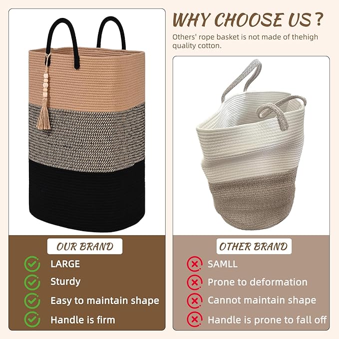 Woven Laundry Basket for Clothes, 80 L Large Rectangle Laundry Hampers with Beads Tassel, Nursery Storage Basket for Toys, Tall Dirty Clothes Hamper for Bedroom Aesthetic, Laundry Room Organization