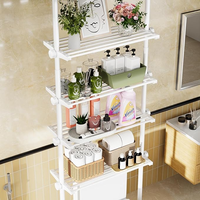 Bonpally Over The Toilet Storage Shelf, 4-Tier Adjustable Bathroom Organizer, No Drill Tension Mounted Shelves Metal, Space-Saving Bathroom Cabinet Rack Above Toilet for Small Bathroom Rooms, White
