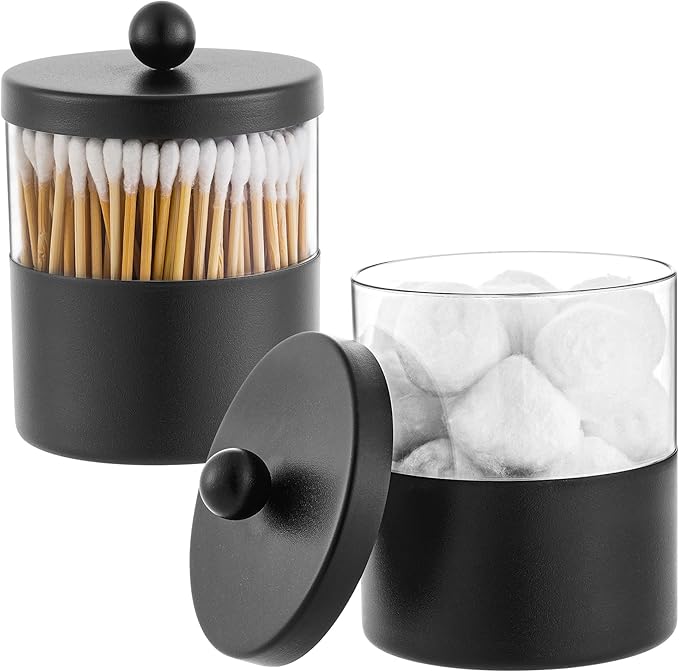 Gaussra Black Apothecary Jars, Black Qtip Holder - Stainless Steel Bathroom Jar with Stickers - Farmhouse Decor Qtip Dispenser for Qtips, Cotton Balls, Swabs, Makeup Sponges (2-Pack)