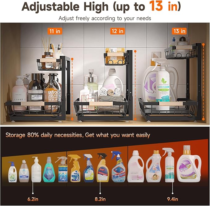 2 Packs Under Sink Organizer, Height Adjustable 2 Tier Under Kitchen Sink Organizer, Multi-Purpose Storage Shelf for Kitchen Bathroom Cabinet (Black, Large)