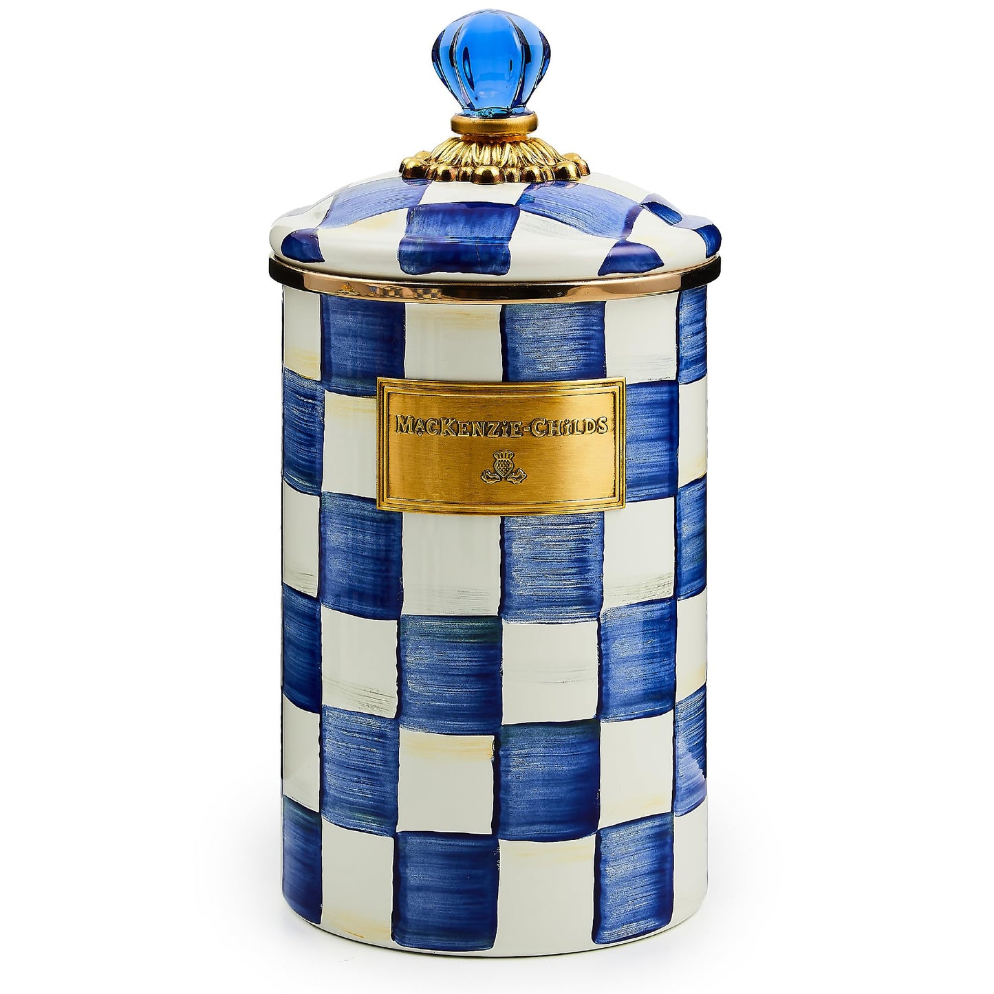 MACKENZIE-CHILDS Enamel Canister, Large, Blue-and-White Royal Check