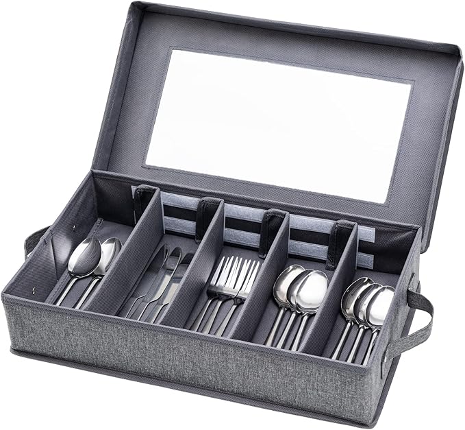 Lafulling Silverware Storage Box 2 Pack, Flatware Storage, Utensil Storage with Removable Lid and Adjustable Dividers for Organizer Utensils, Cutlery, Flatware, Knives, Large Capacity Gray