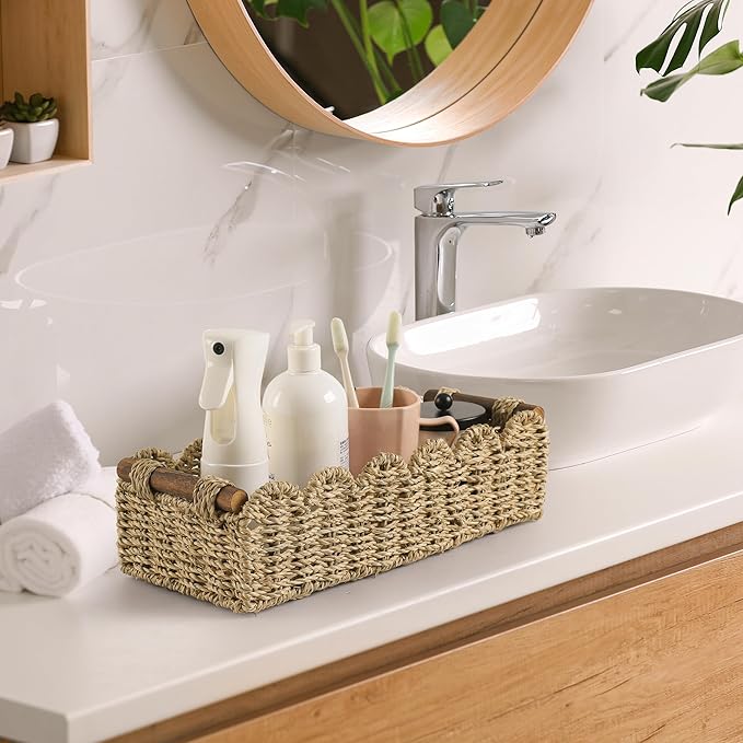 Toilet Paper Storage Basket Bathroom Counter Organizer Wicker Baskets for Organizing Cute Basket for Bedroom Nursery Room Kitchen Bathroom Decor -Seagrass Beige